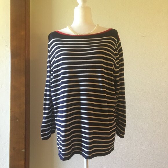LRL Navy White Stripes Sweater Classic Pullover Preppy Boat Neck 100% Cotton XXL - Picture 1 of 6